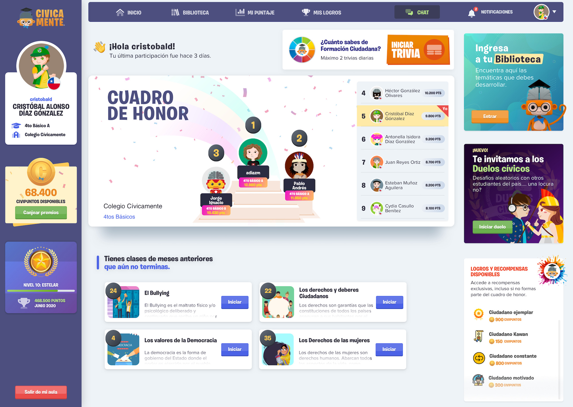 Plataforma Cívicamente - Experiencia del estudiante con temáticas y actividades